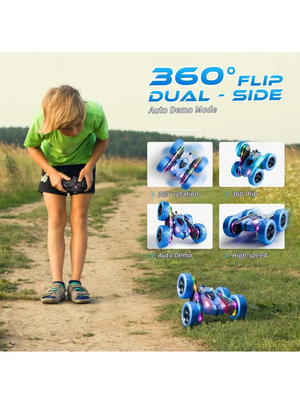 NEW Zalneo Blue 4WD 360° Flip RC Stunt Car LED Lights Remote Control